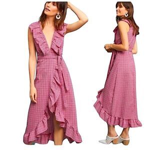 MISA Los Angeles Stella Gingham-Print Draped Ruffle Midi Wrap Dress Pink